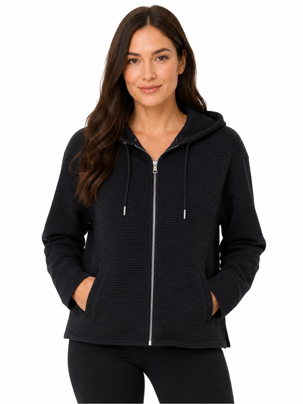 DKNY Black Ribbed Zip Hoodie Jacket Size Medium